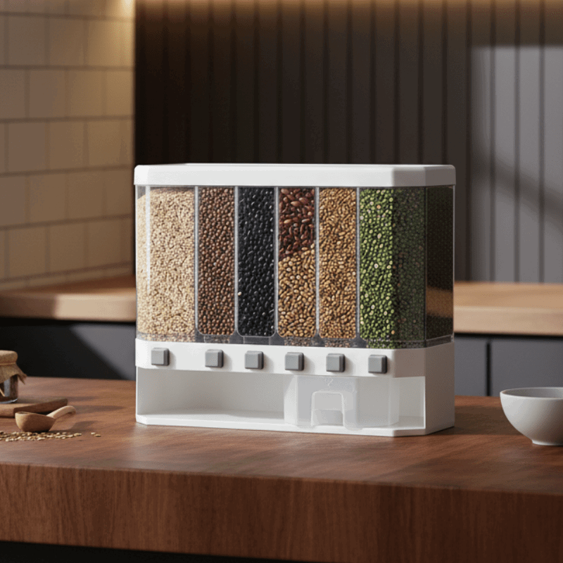 6-Grid Wall Mounted Airtight Food Dispenser – Multi-Grain Rice & Dry Food Storage Organizer for Kitchen