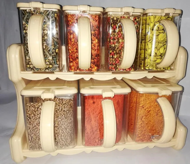 7-Partition Spice Container Rack with Removable Jars & Spoons – Kitchen Organizer Set