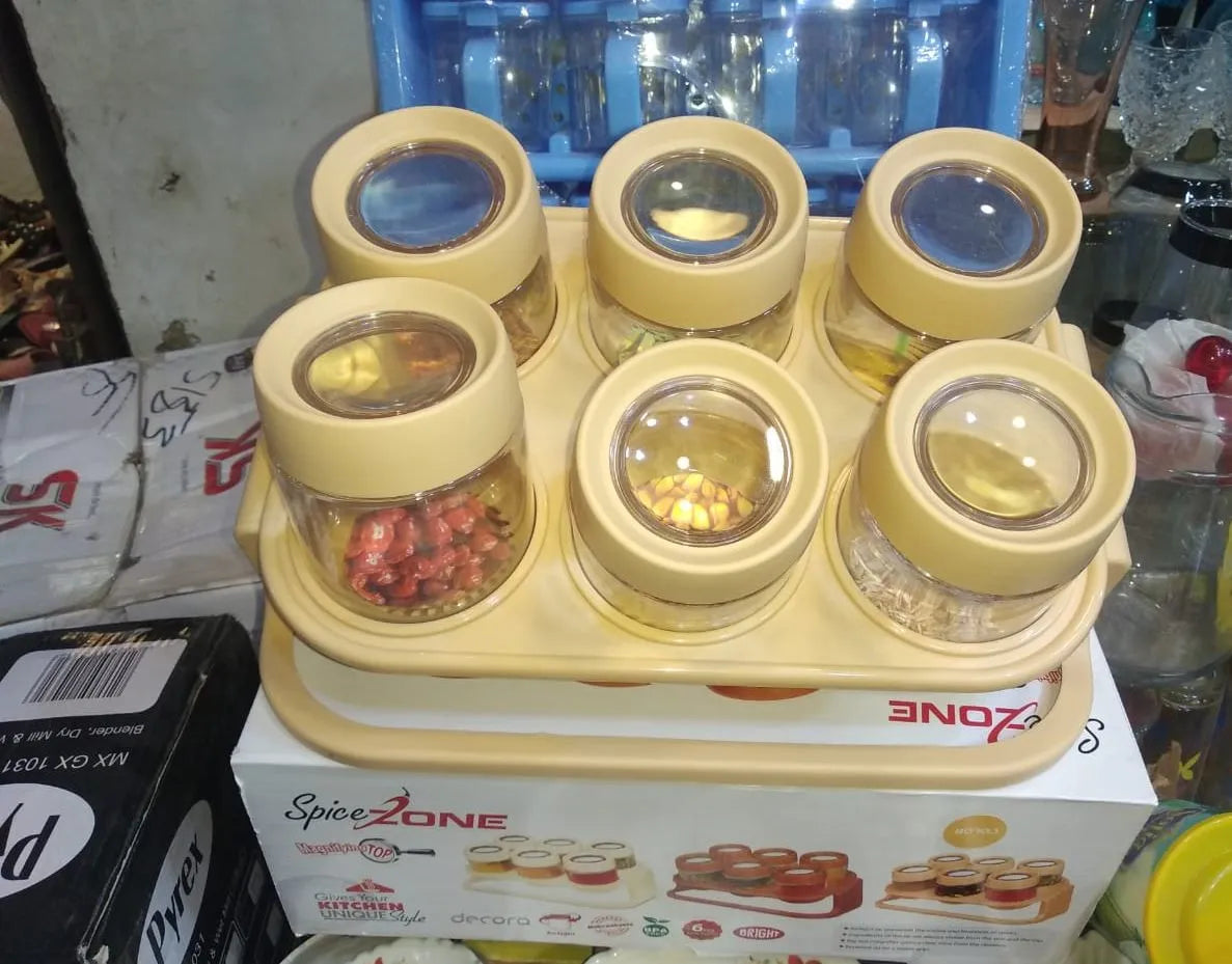 6-in-1 Masala Rack with Jars – Spice Organizer with Magnifying Lid Covers