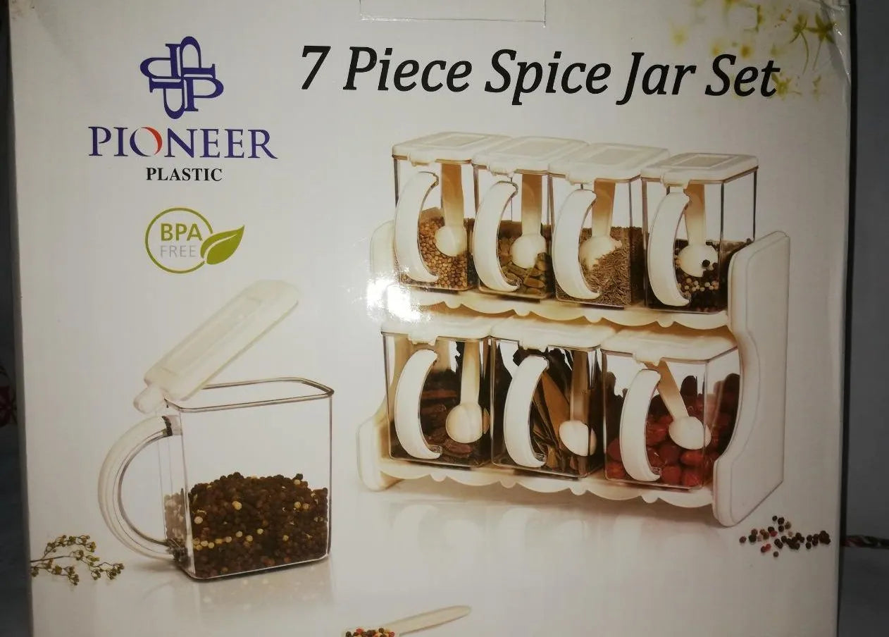 7-Partition Spice Container Rack with Removable Jars & Spoons – Kitchen Organizer Set