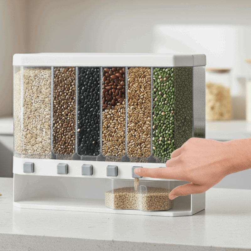 6-Grid Wall Mounted Airtight Food Dispenser – Multi-Grain Rice & Dry Food Storage Organizer for Kitchen