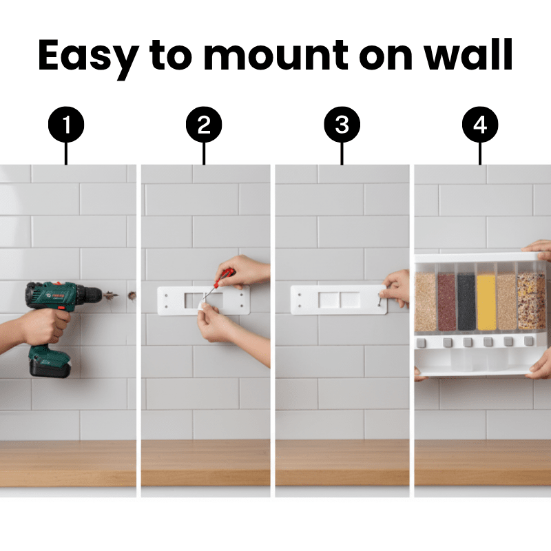 6-Grid Wall Mounted Airtight Food Dispenser – Multi-Grain Rice & Dry Food Storage Organizer for Kitchen
