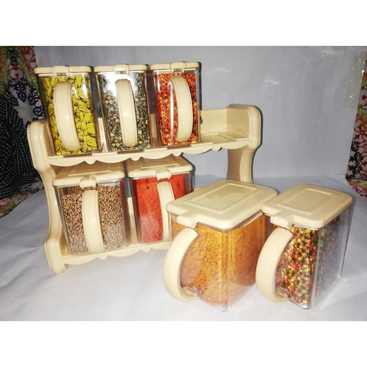7-Partition Spice Container Rack with Removable Jars & Spoons – Kitchen Organizer Set