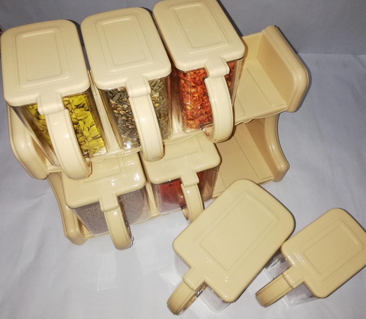 7-Partition Spice Container Rack with Removable Jars & Spoons – Kitchen Organizer Set