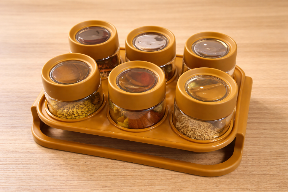 6-in-1 Masala Rack with Jars – Spice Organizer with Magnifying Lid Covers