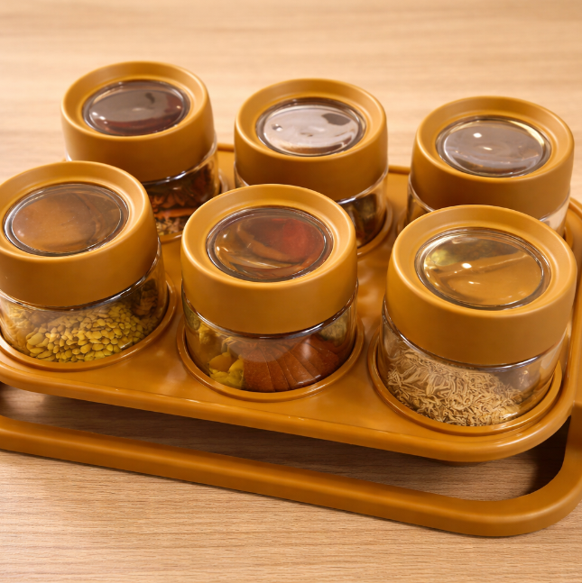 6-in-1 Masala Rack with Jars – Spice Organizer with Magnifying Lid Covers